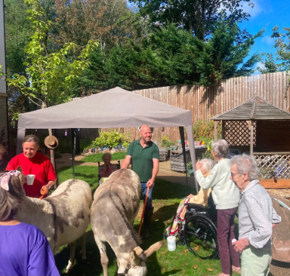 Residents and staff smiling with donkeys during an animal visit